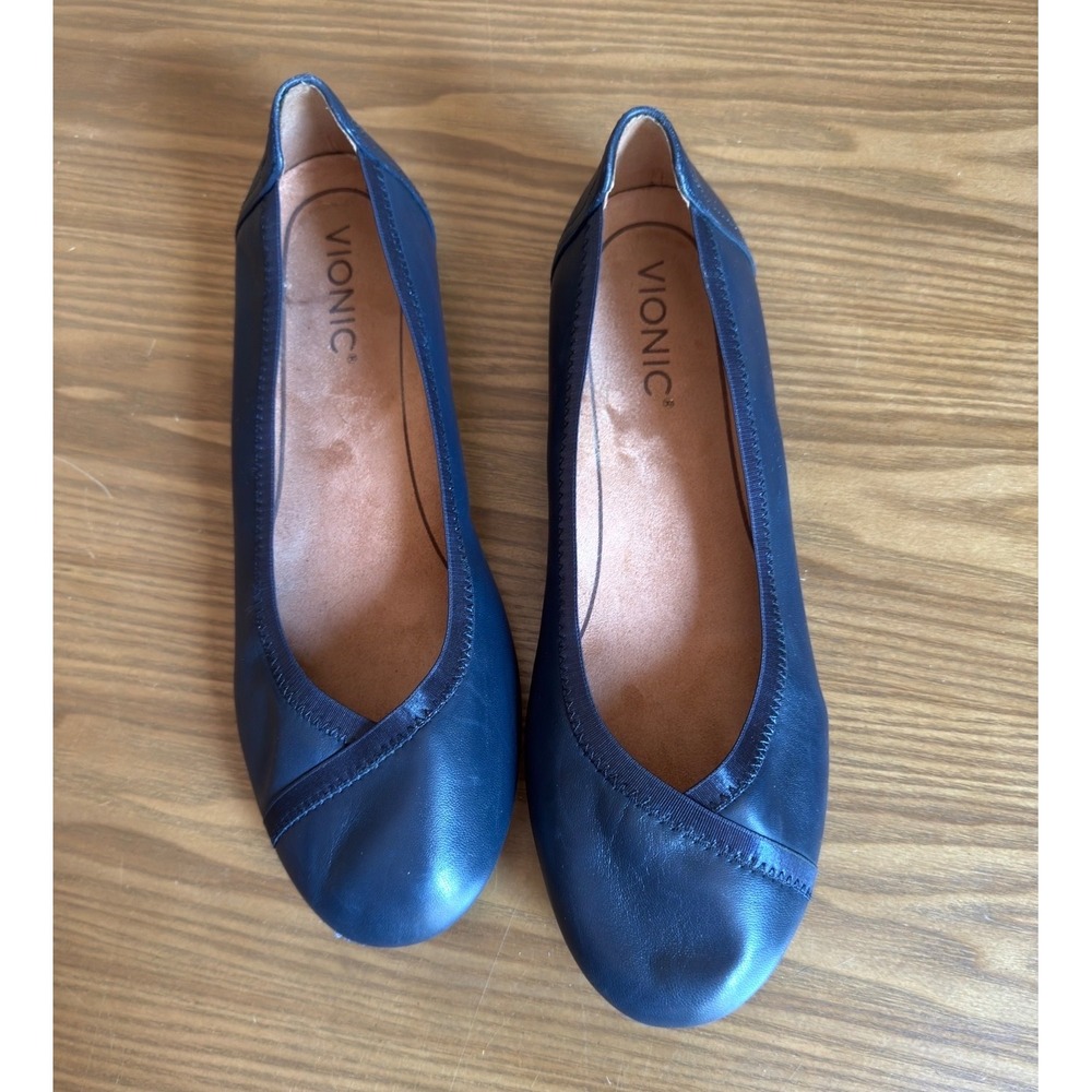 Vionic Caroll Ballet Flats Navy Blue Leather Orthotic Comfort Shoes Women's 8.5